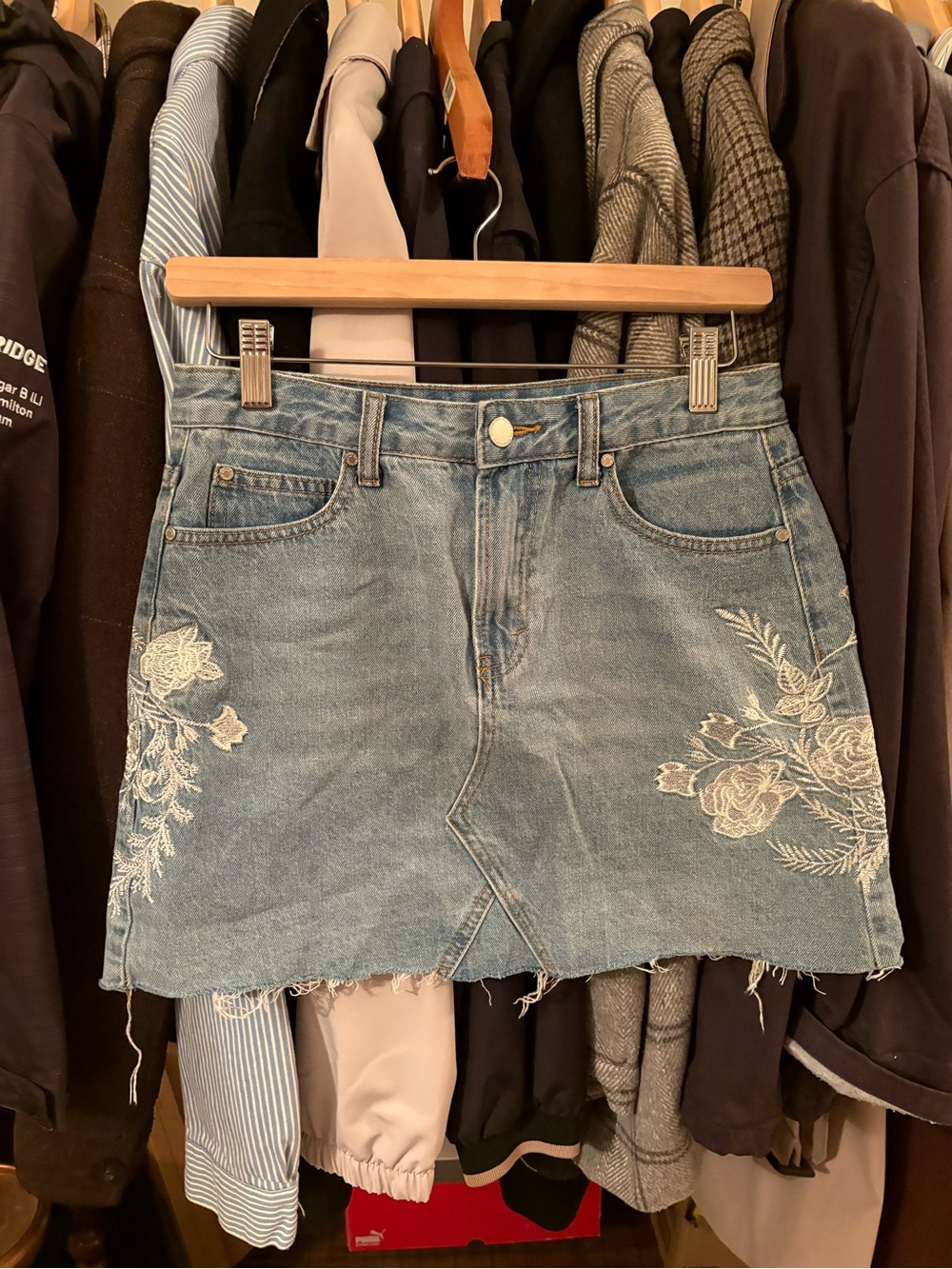 Revamped Light Blue Embroidered Denim Mini Skirt
